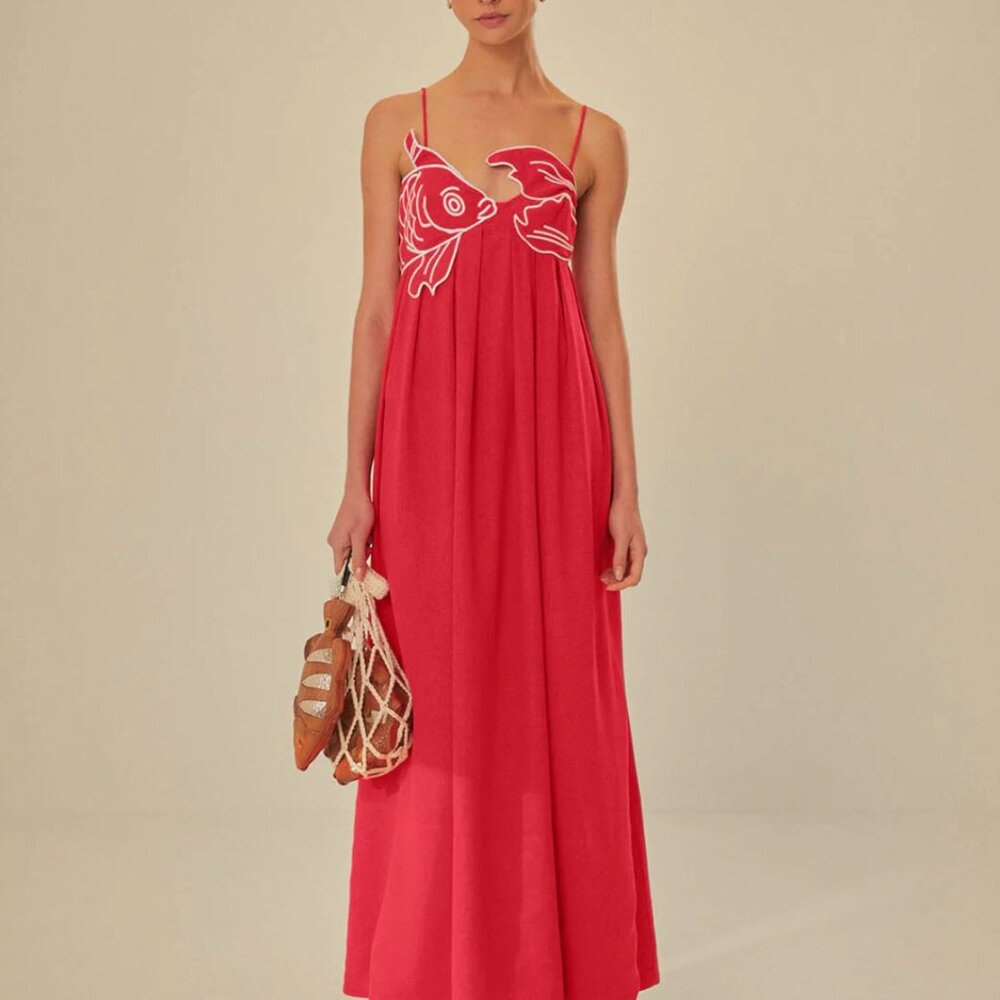 Farm Rio Red Fish Top Maxi Dress NWT